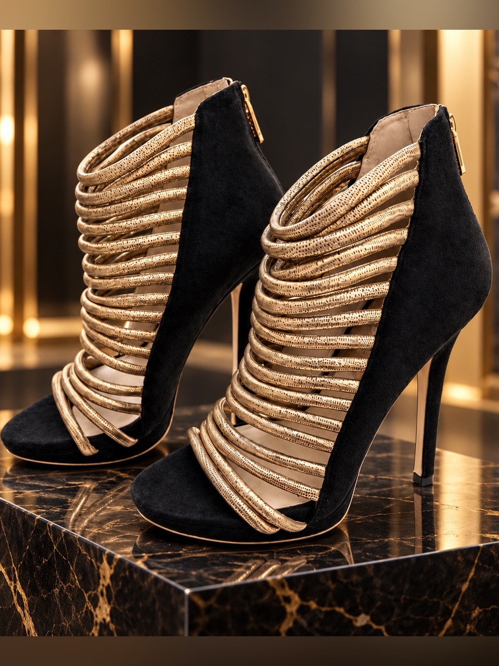 MICHAEL Michael Kors Black Suede Gold Strappy Caged Stiletto Heels Size 7